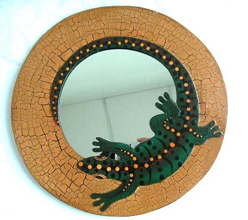 Wildlife decor, wall mirror, bali artisan novelty, handcrafted wood carvings, gecko lovers gifts, exotic vanity 